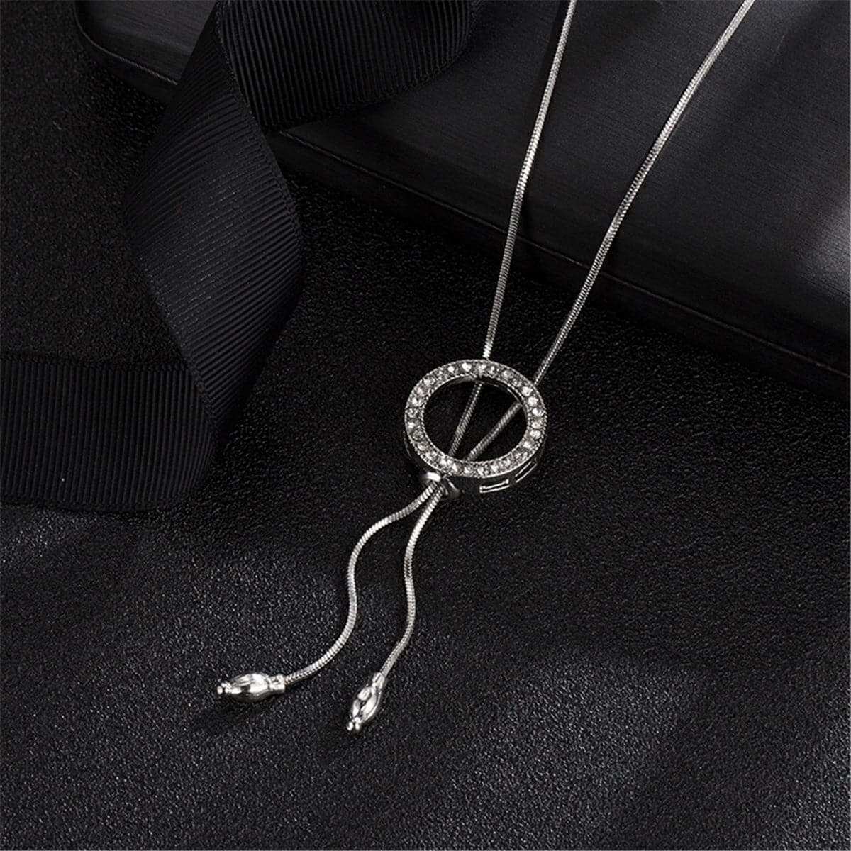 Cubic Zirconia & Silvertone Circle Lariat Necklace