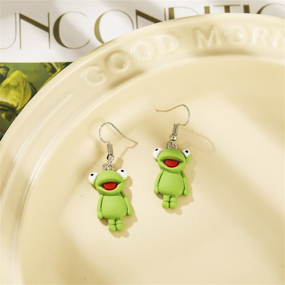 Green Polymer Clay & Silvertone Frog Drop Earrings
