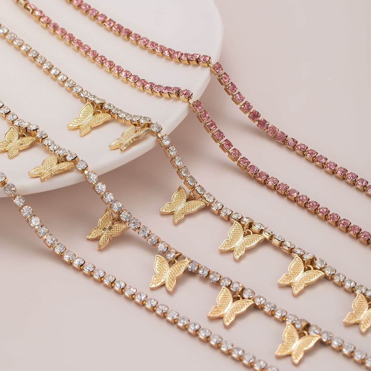 Cubic Zirconia & Goldtone Butterfly Layered Station Necklace