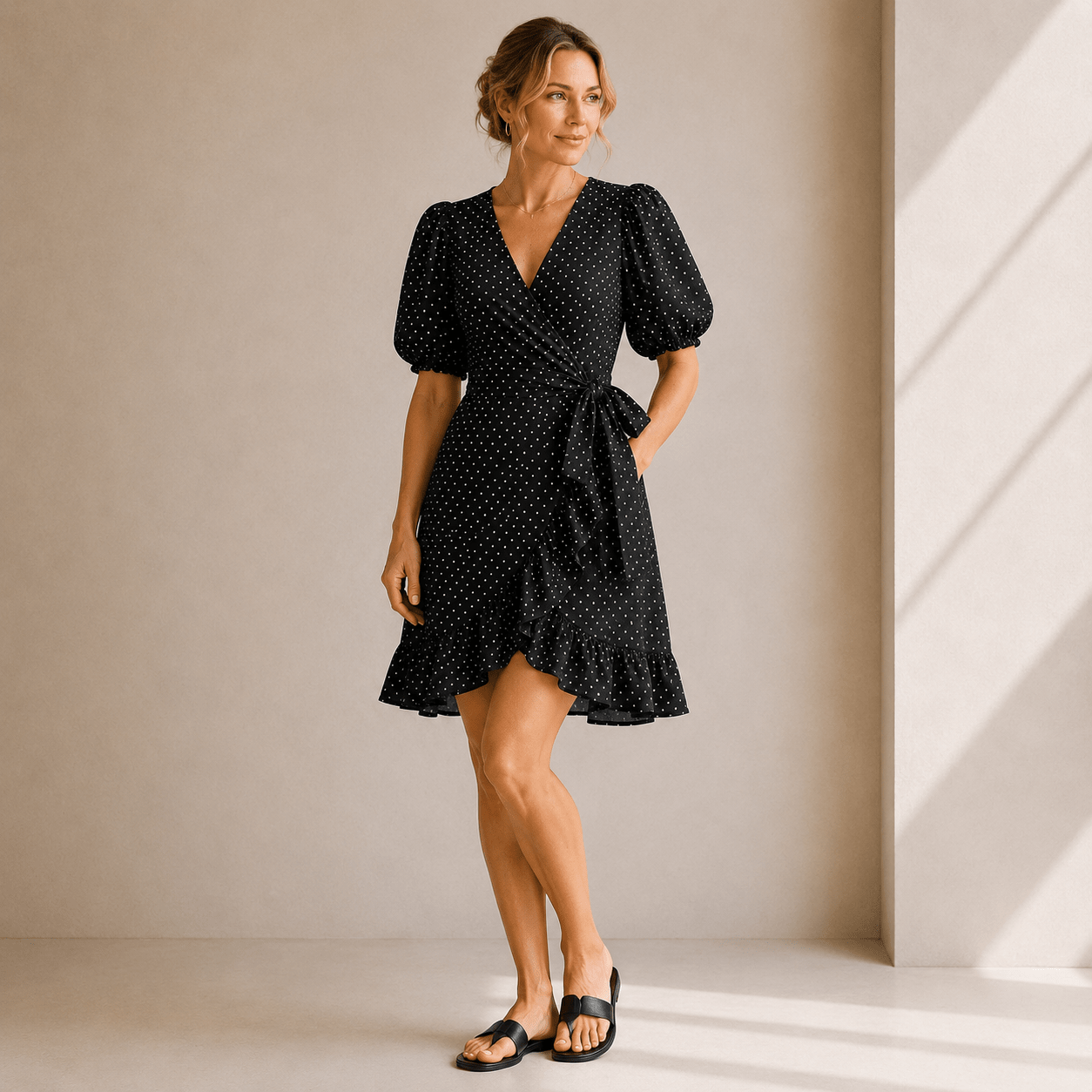 Lily by Firmiana Women’s Puff Sleeve Wrap-Style Dress with Ruffle Hem