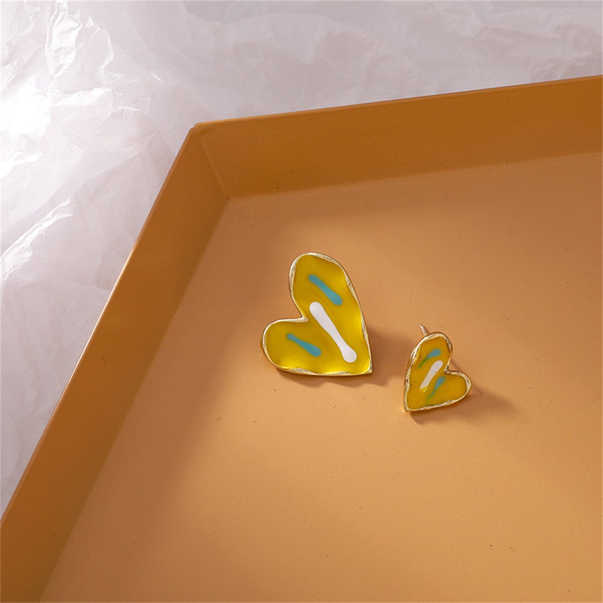 Yellow Enamel & Goldtone Asymmetric Heart Stud Earrings