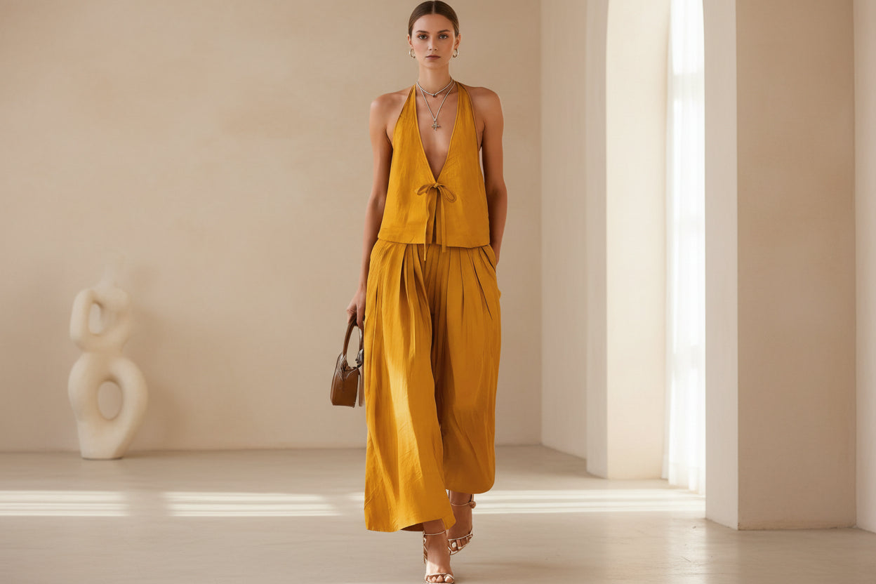 ▫︎ I LINE TULLE VEST SET DRESS ▫︎ Women's Sleeveless Vest & Wide-Leg Pants Set – 2-Piece Lace-Up