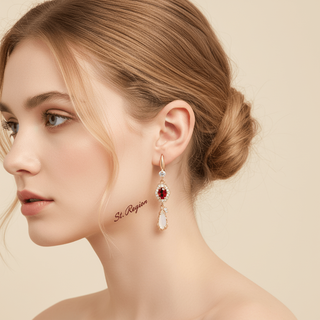 Red Crystal & Jade Cubic Zirconia Goldtone Hexagon Drop Earrings