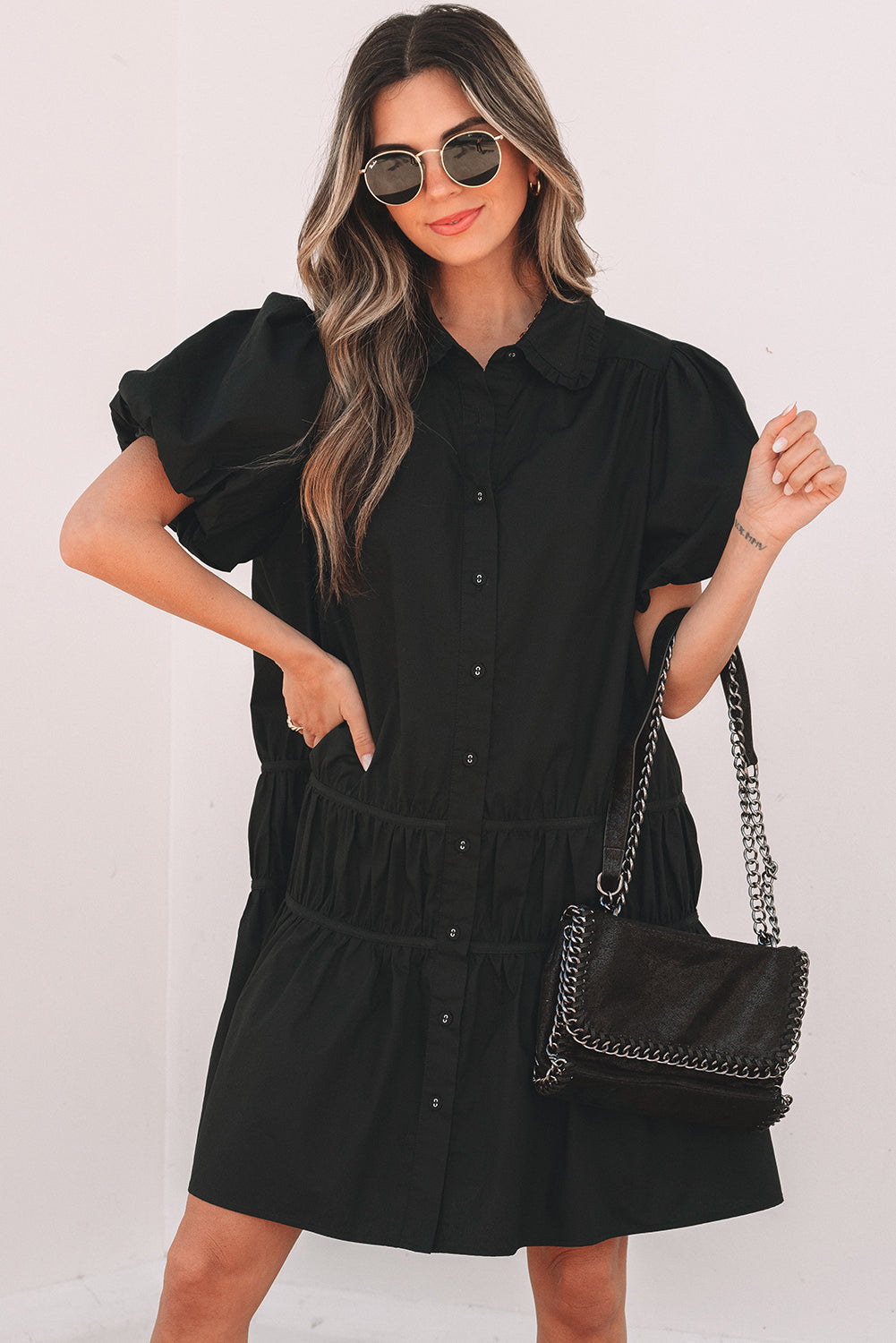 Threaded Pear Cassidy Button Down Puff Sleeve Ruffle Hem Dress