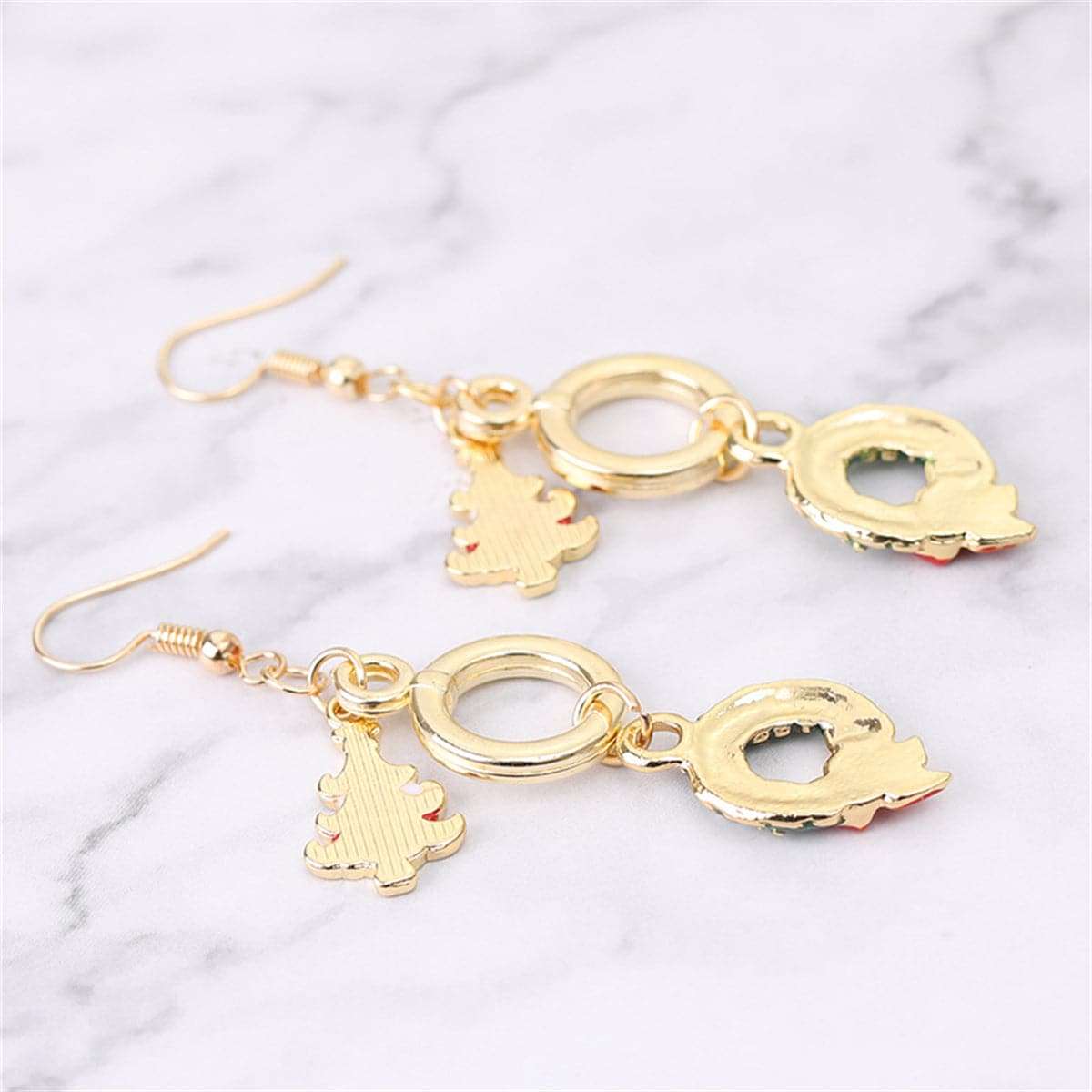 Green Enamel & Goldtone Christmas Tree Wreath Drop Earrings