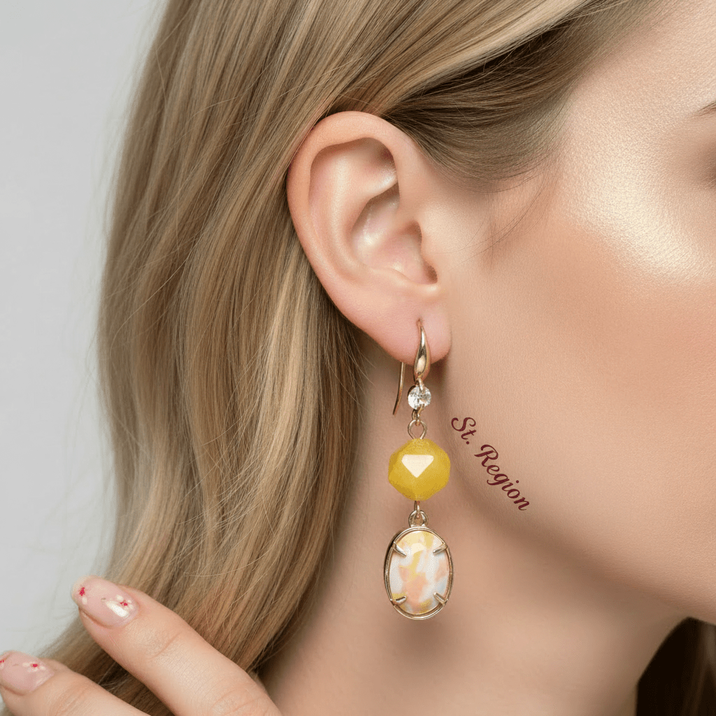 Yellow Turqouise & Jade Cubic Zirconia Goldtone Oval Round Hook Earrings