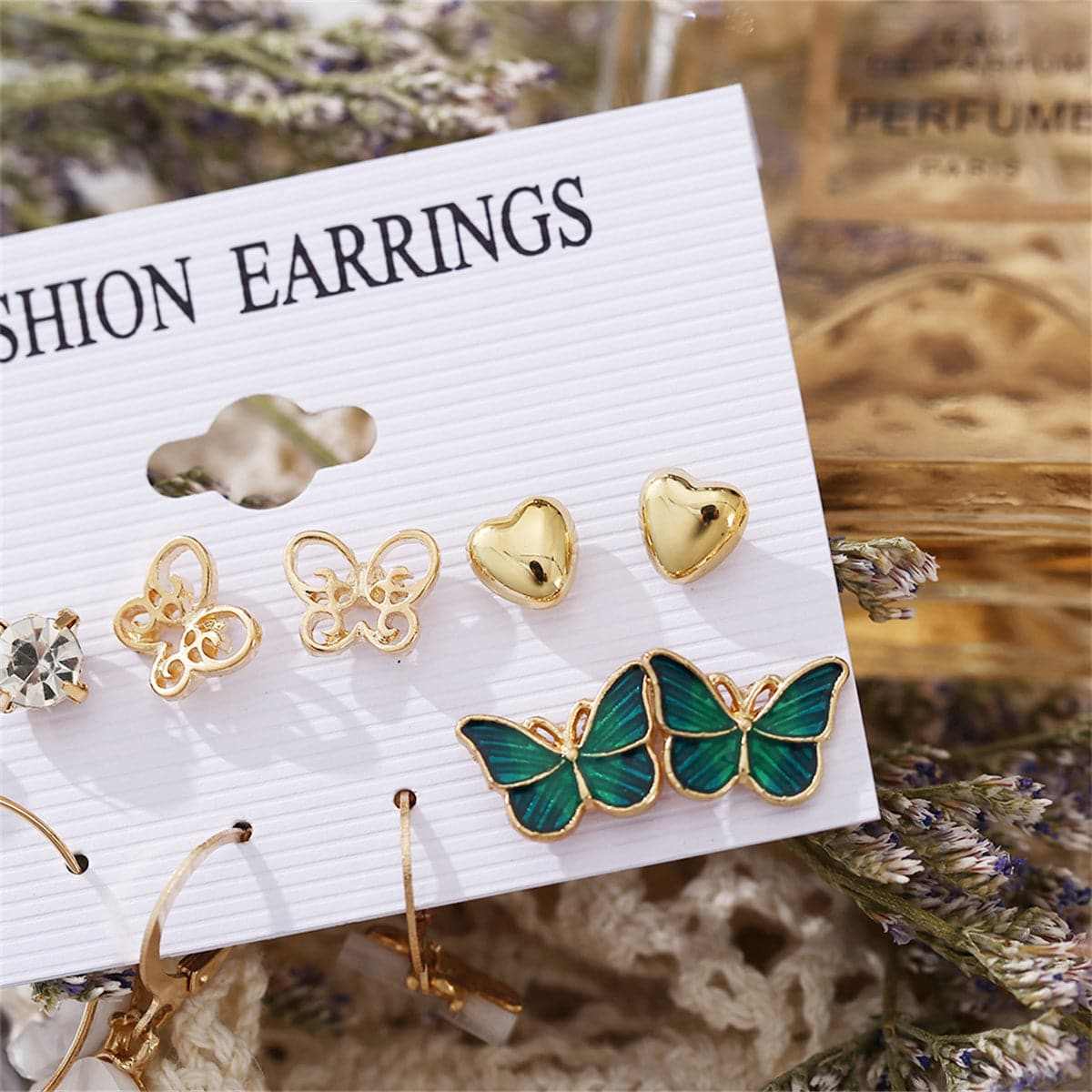 Cubic Zirconia & Acrylic Goldtone Butterfly Earrings Set