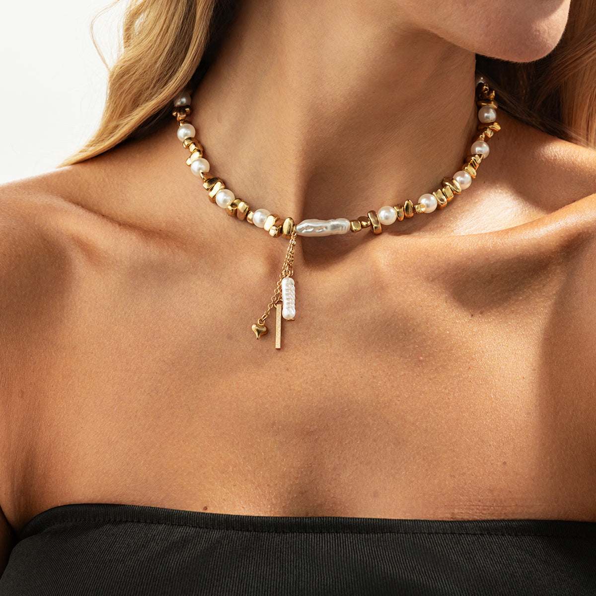 Baroque Pearl & Goldtone Bead Chain Heart Tassel Necklace