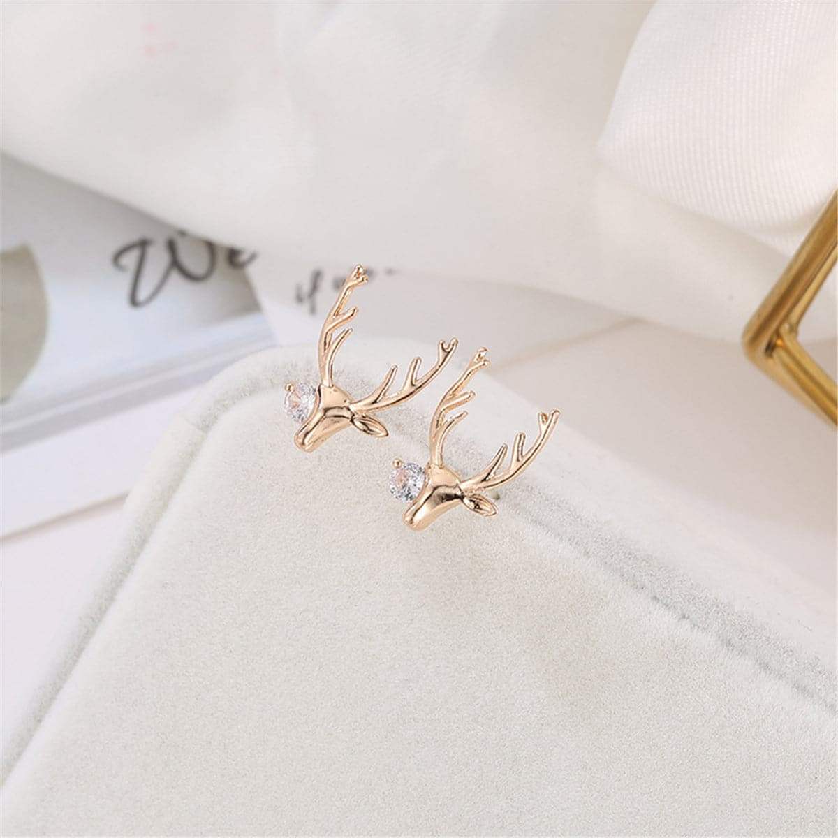 Cubic Zirconia & Goldtone Deer Head Stud Earrings