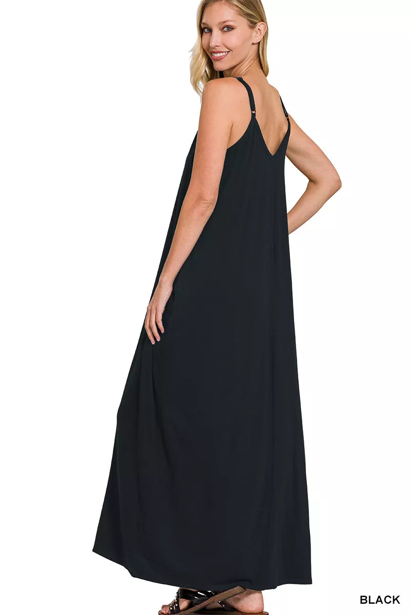 Zenana V-Neck Cami Maxi Dress with Side Pockets