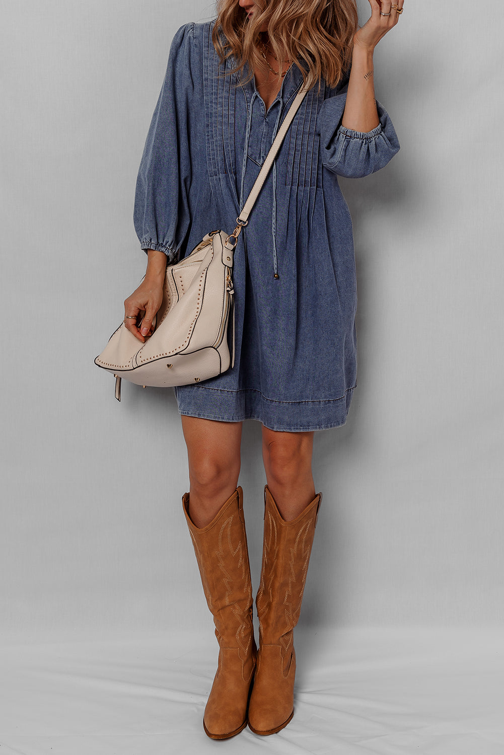 Threaded Pear Autumn Tied Pleated Mini Dress