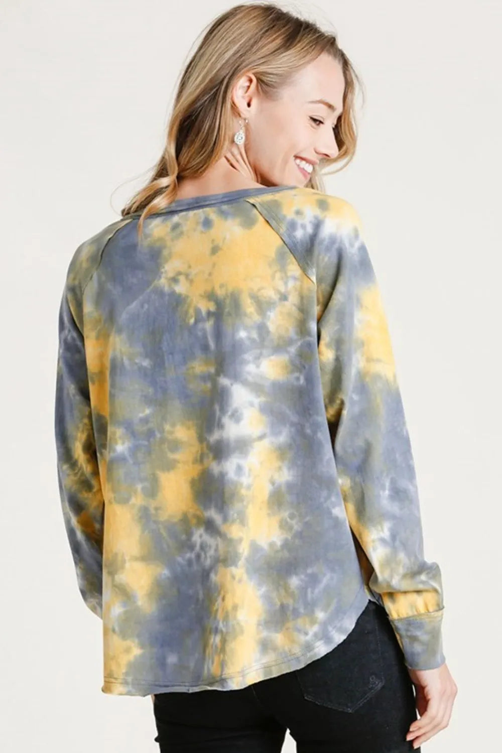 Umgee Full Size Tie Dye Button Front Long Raglan Sleeve Top Plus Size