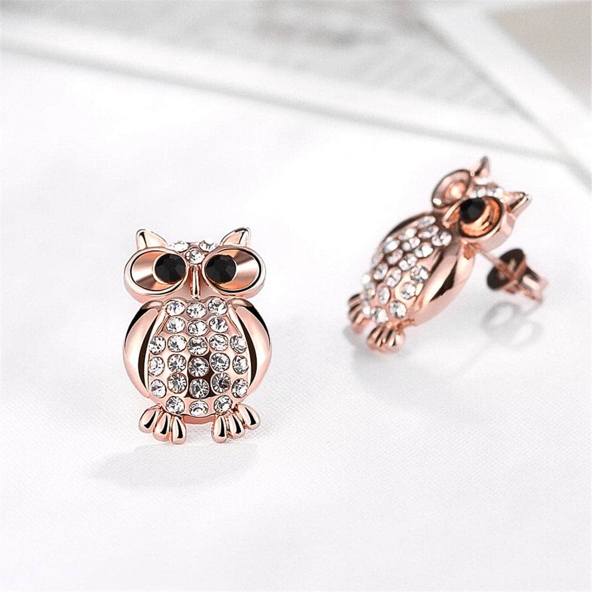 Cubic Zirconia & Rose Goldtone Owl Stud Earrings