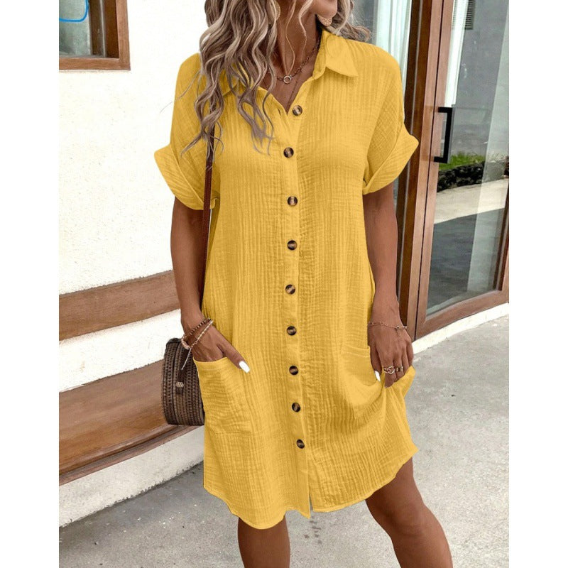 Women's Cotton Linen Shirt Dress – V-Neck Button-Front A-Line Dress