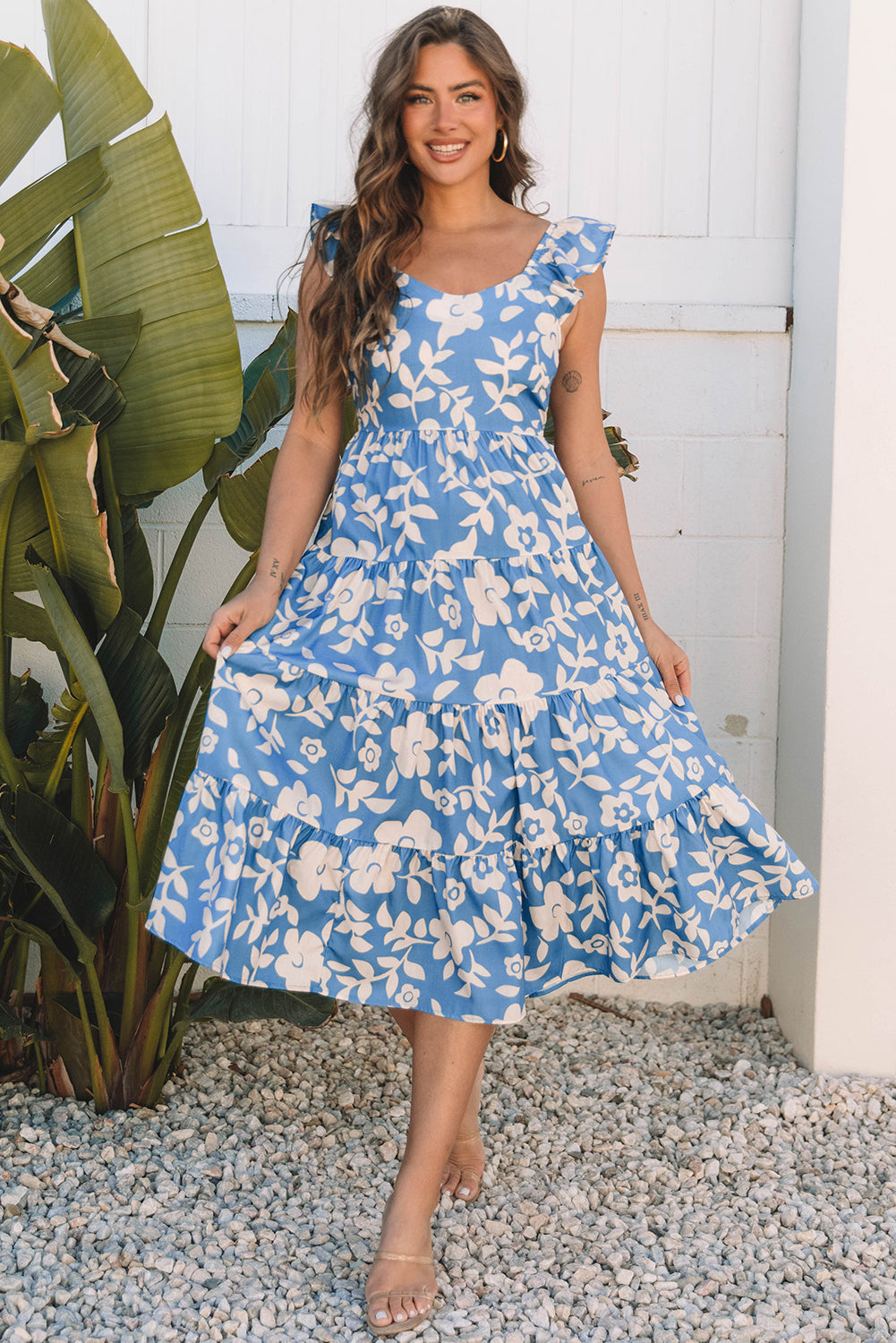 Threaded Pear Henley Floral U Neck Flutter Shoulder Tiered Midi Dress