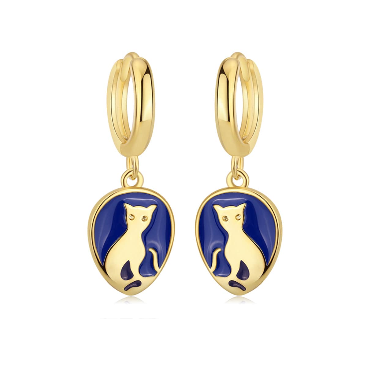 Blue Enamel & Goldtone Cat Drop Earrings