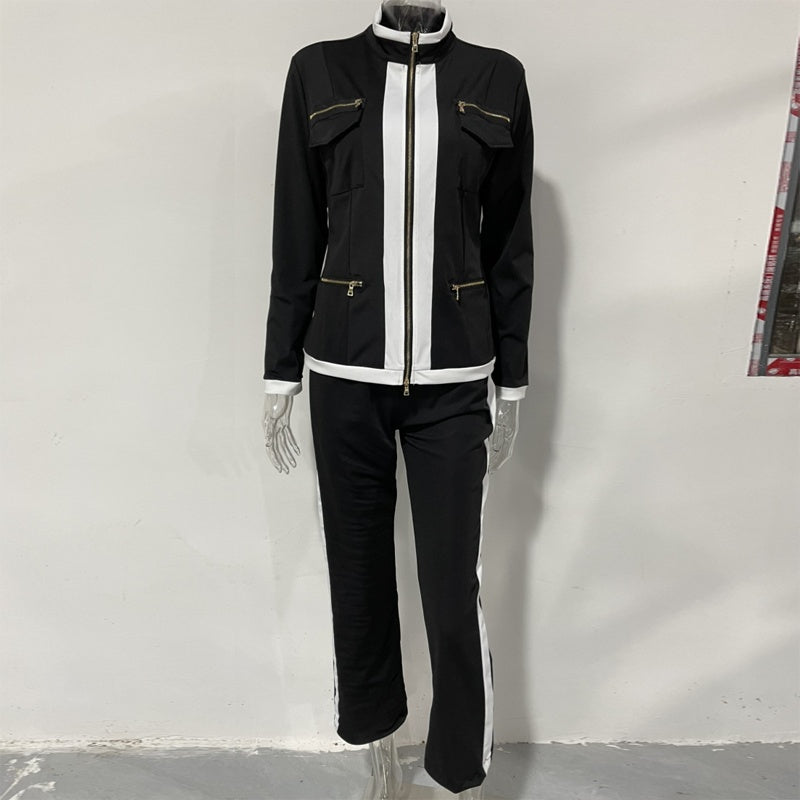 Women's Gold-Zip Contrast Trim Tracksuit Set – Fitted Jacket & Slim Flare Pants