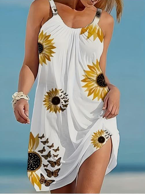 plus size sleeveless summer dresses Plus Size Sunflower Print Sleeveless Wrap Dress White / XL