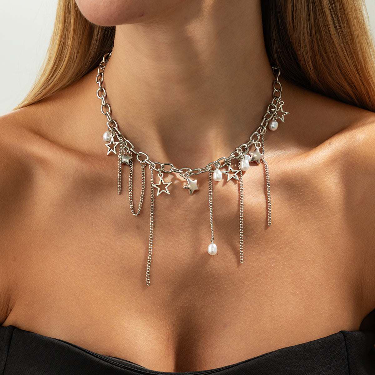 Pearl & Silvertone Star Tassel Collar Necklace