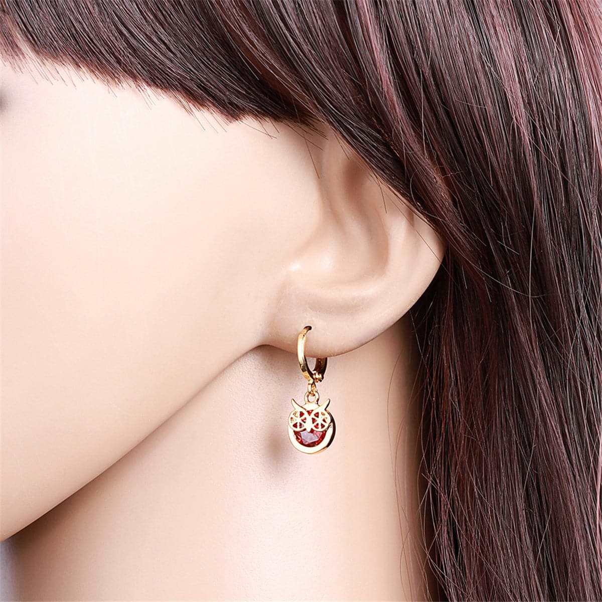 Red Cubic Zirconia & Goldtone Owl Bezel Drop Earrings