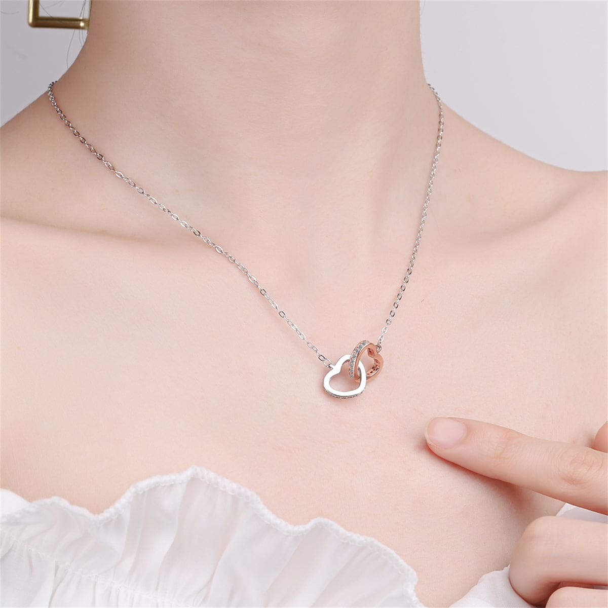 Cubic Zirconia & Two Tone Interlocked Heart Pendant Necklace
