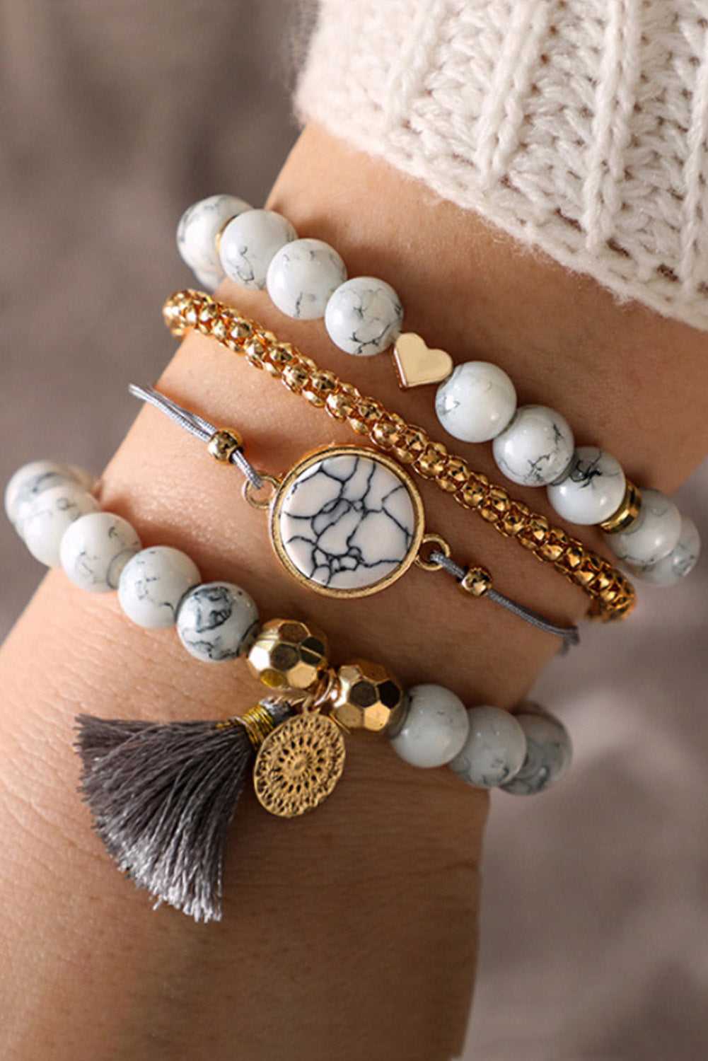 Threaded Pear Gray Marble Bracelet Set