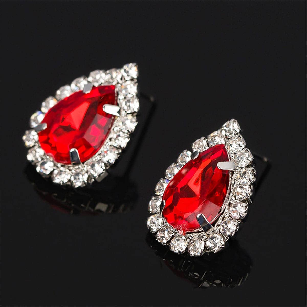 Red & Silvertone Pear Statement Necklace & Stud Earrings