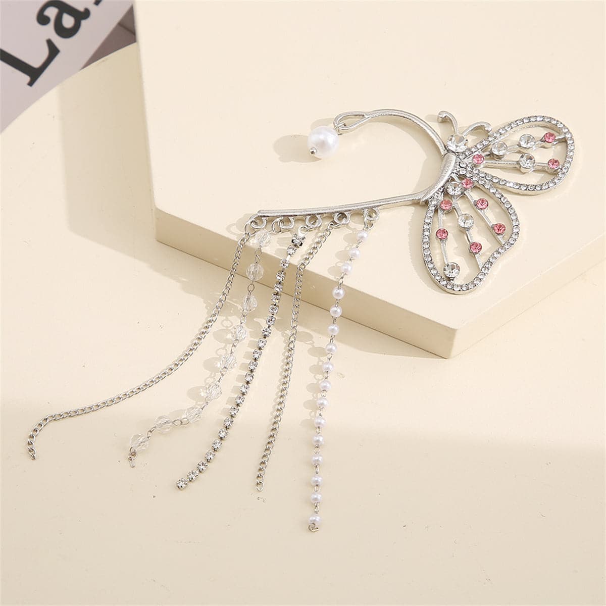 Cubic Zirconia & Pearl Silvertone Butterfly Tassel Ear Hanger