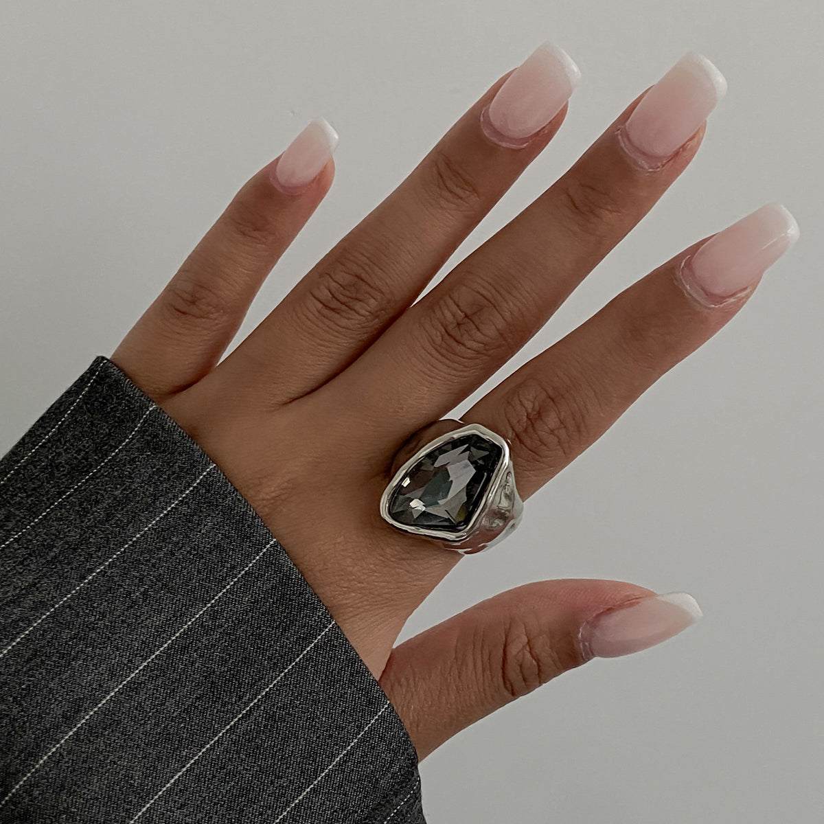Gray Crystal & Silvertone Irregular Shape Open Ring