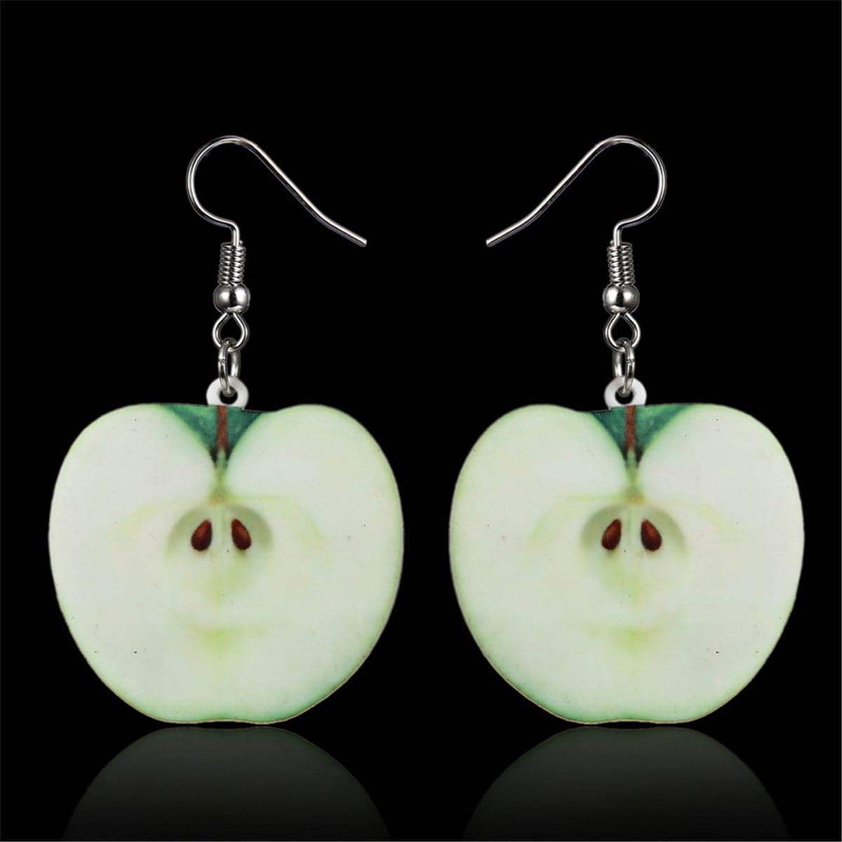 Green Acrylic & Silvertone Apple Drop Earrings