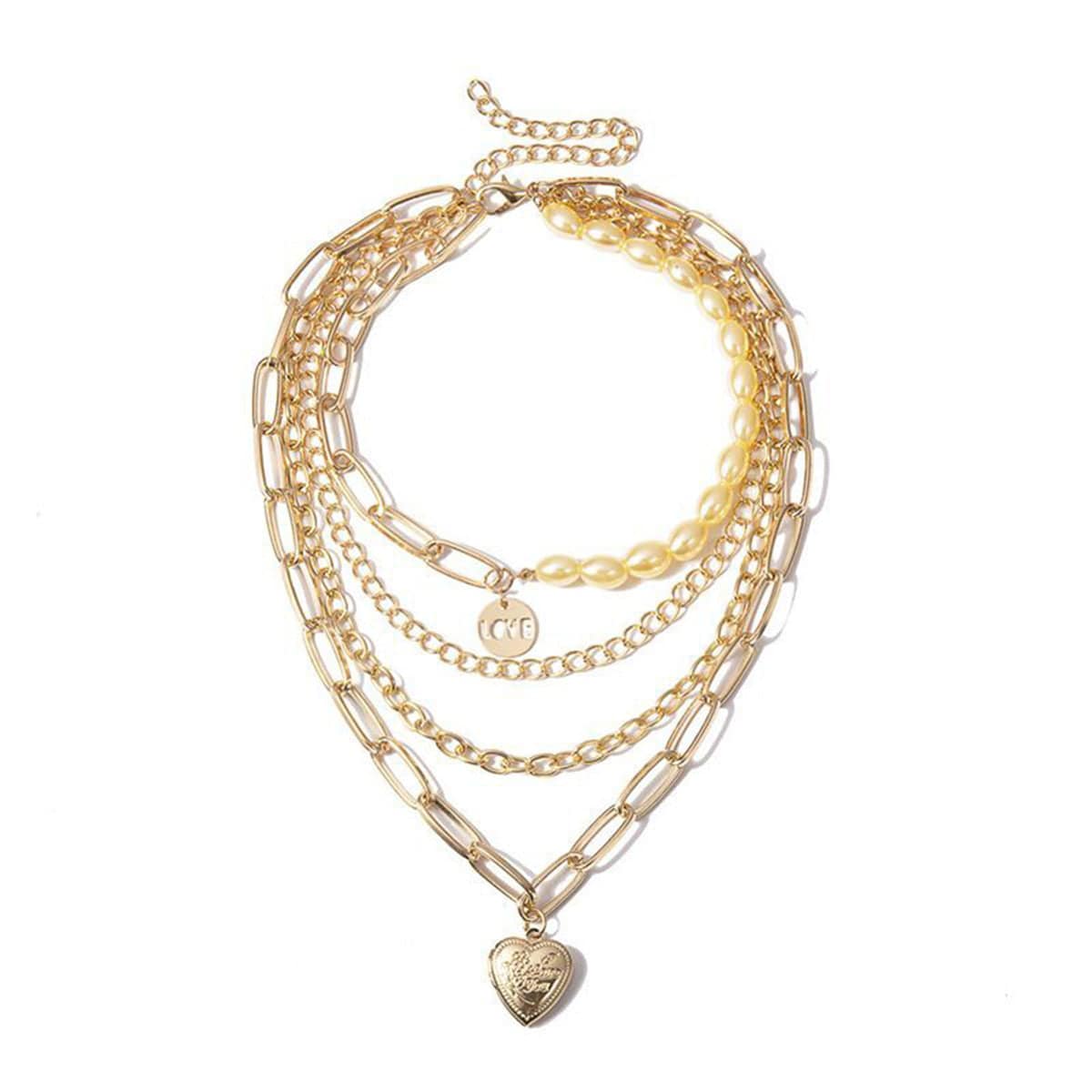 Pearl & Goldtone 'Love' Heart Layer Pendant Necklace