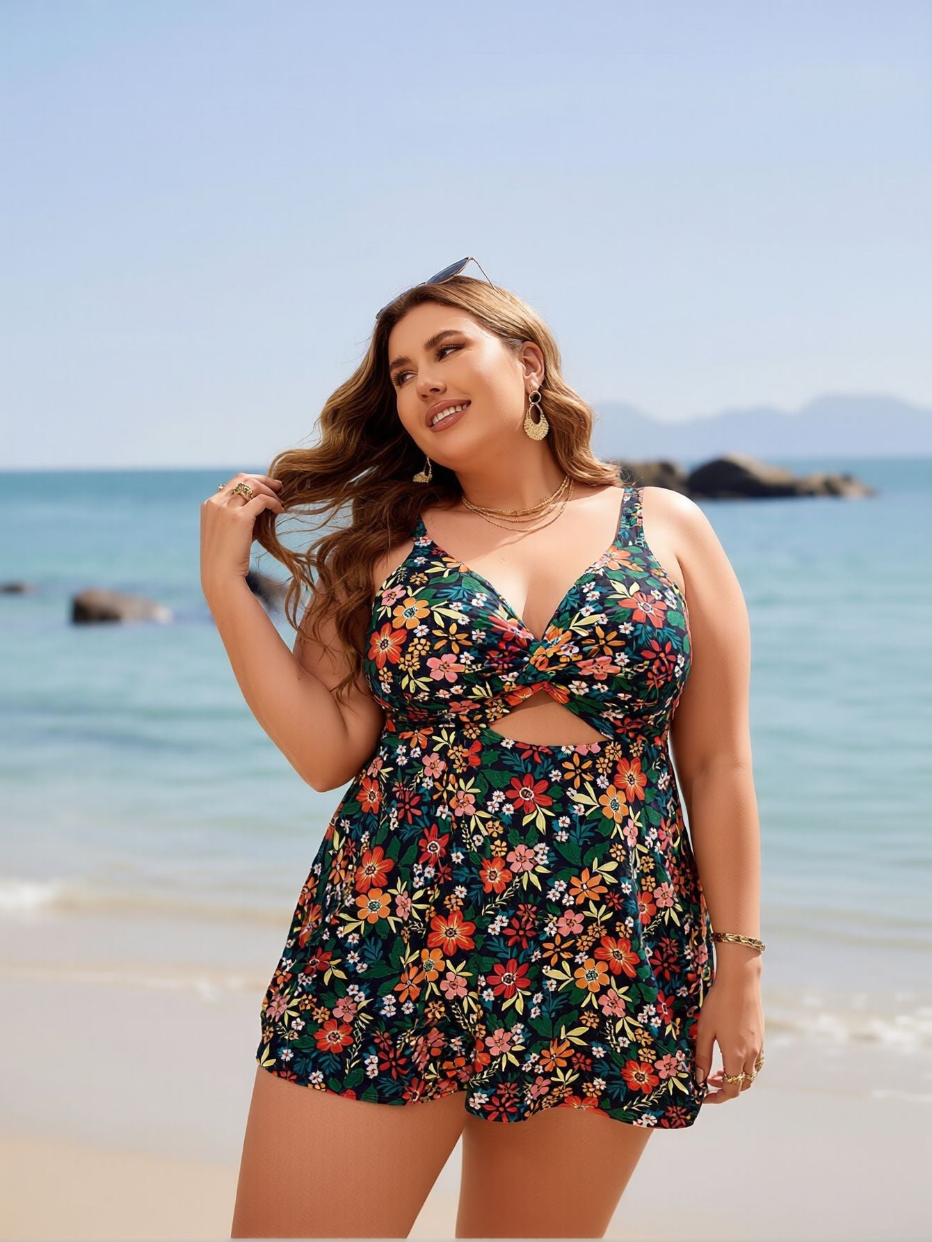 2026 New Plus Size Swim Dress: Floral Print, Halter Neck, Cutout, Flowy Beach Style 3XL / Colorway
