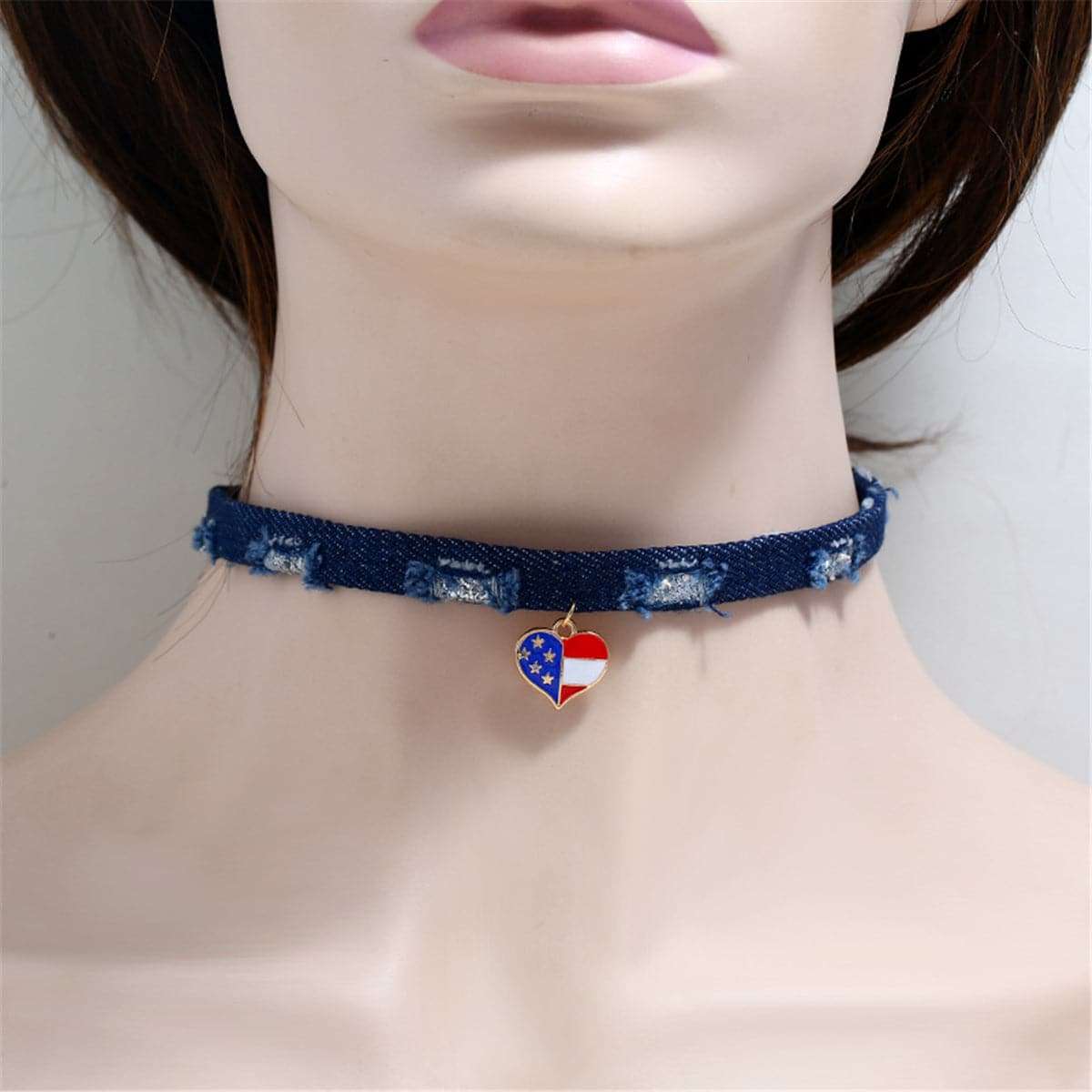 Blue & Silvertone American Flag Heart Choker Necklace