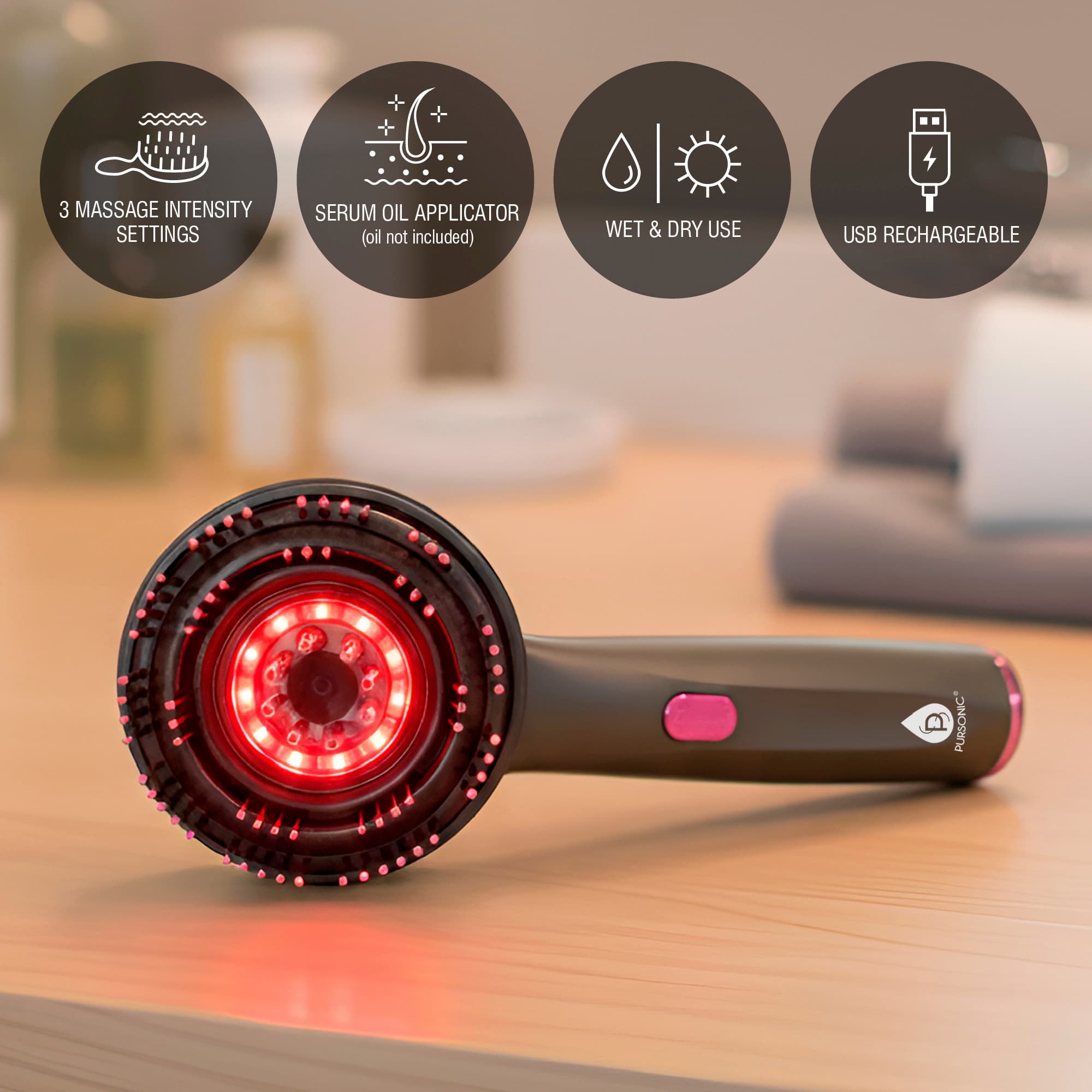 PURSONIC 3-in-1 LED Therapy Scalp & Hair Treatment Brush – Stimulate Growth, Boost Volume, Enhance Scalp Health
