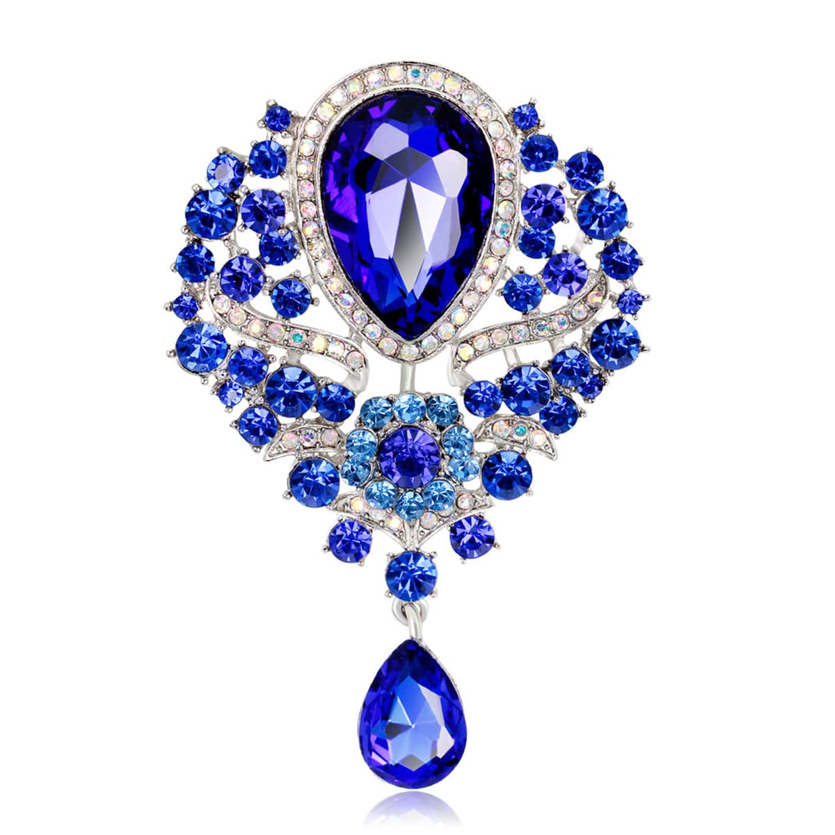 Blue Crystal & Clear Cubic Zirconia Drop Brooch