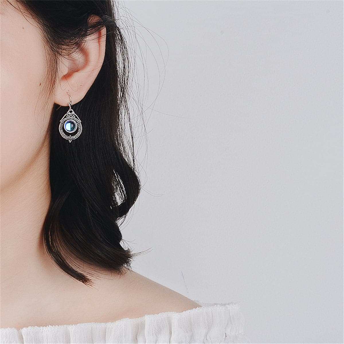 Moonstone & Silvertone Bezel Milgrain Drop Earrings