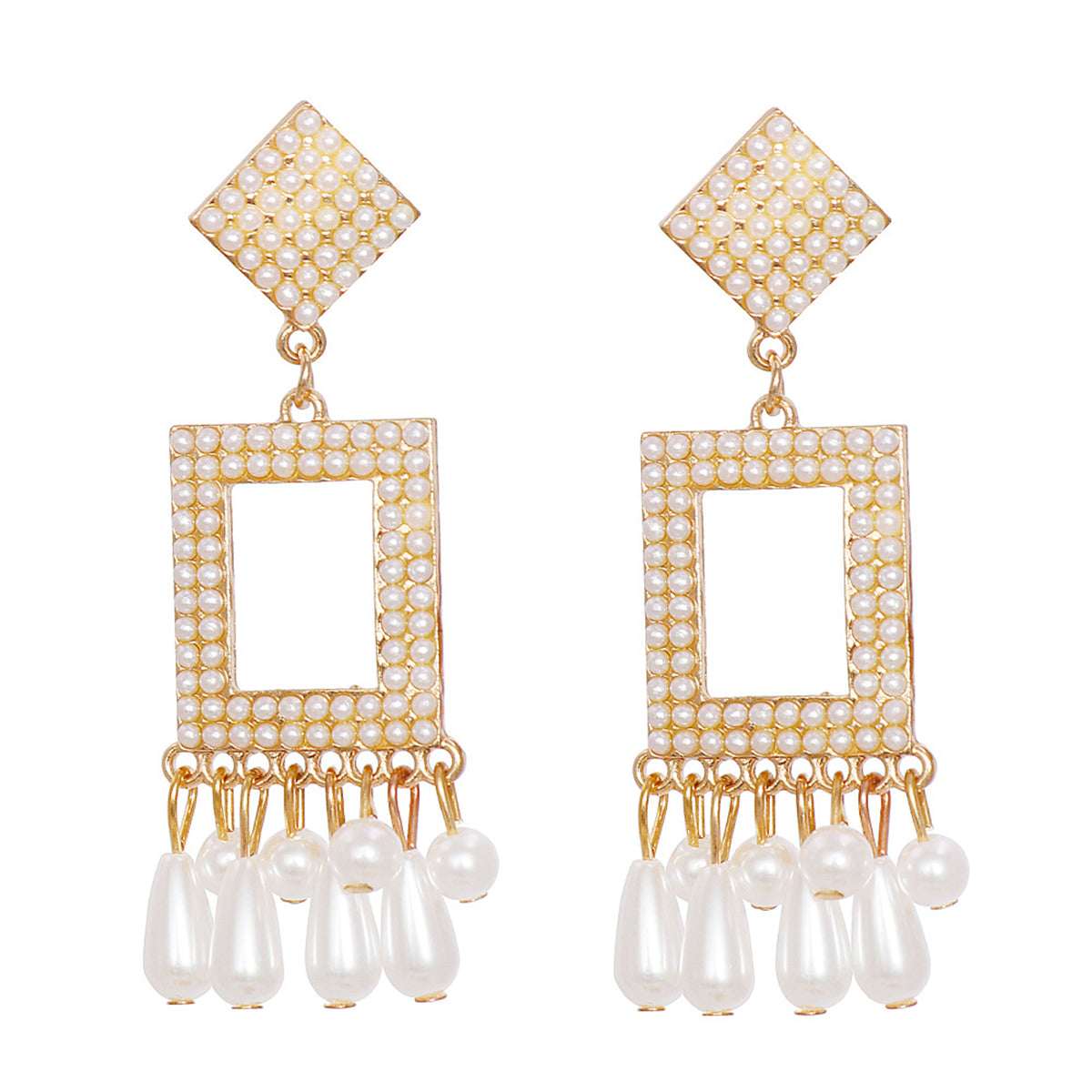 Pearl & Goldtone Rhombus Rectangle Tassel Drop Earrings