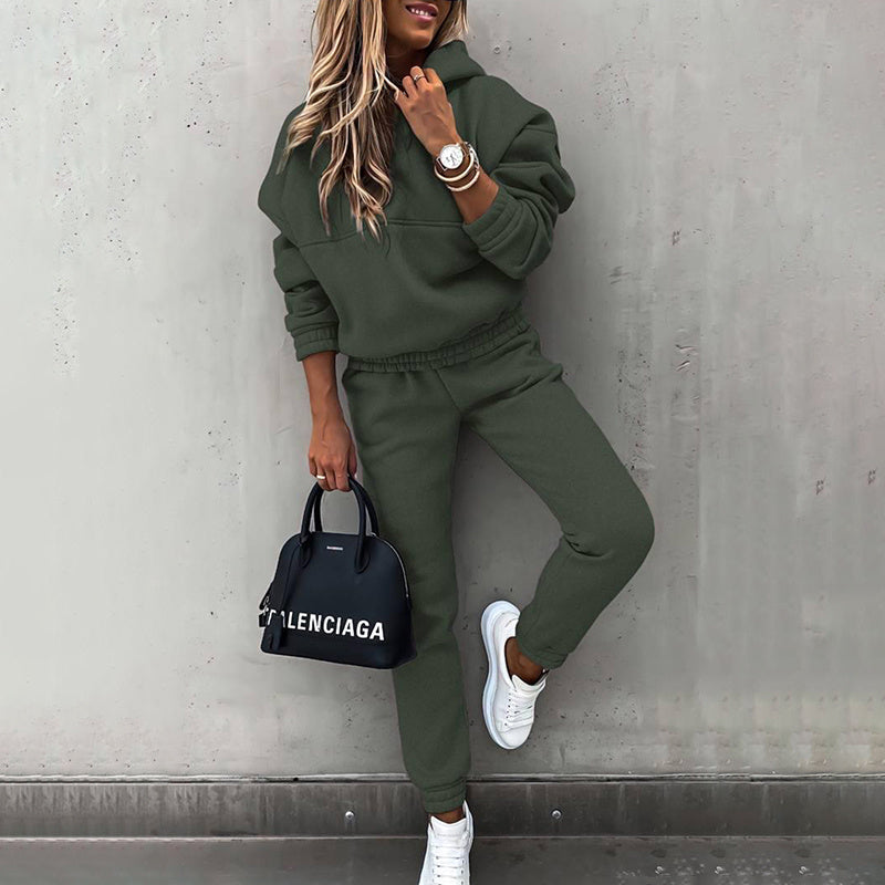 women's two piece solid color hooded sweatshirt set