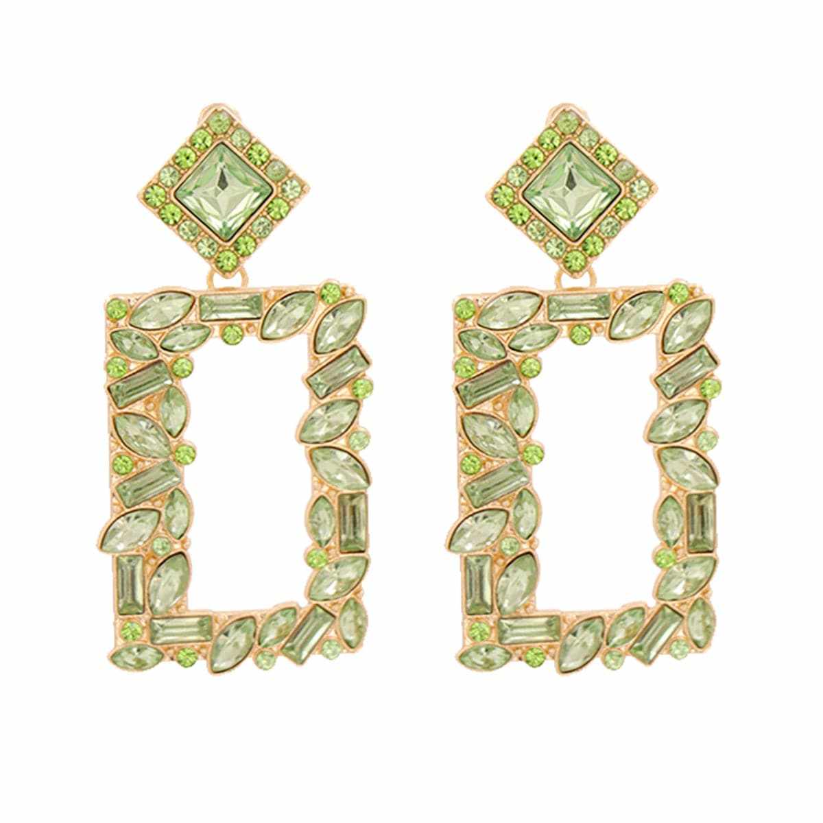 Green Crystal & Goldtone Open Rectangle Drop Earrings
