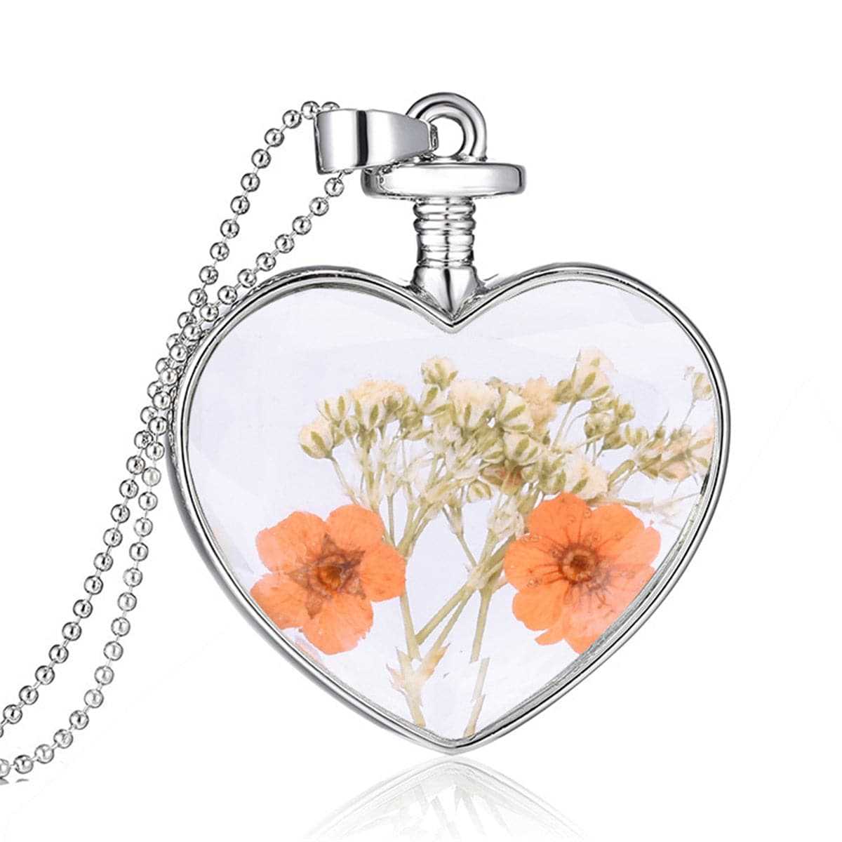 Yellow Pressed Peach Blossom & Silvertone Heart Pendant Necklace