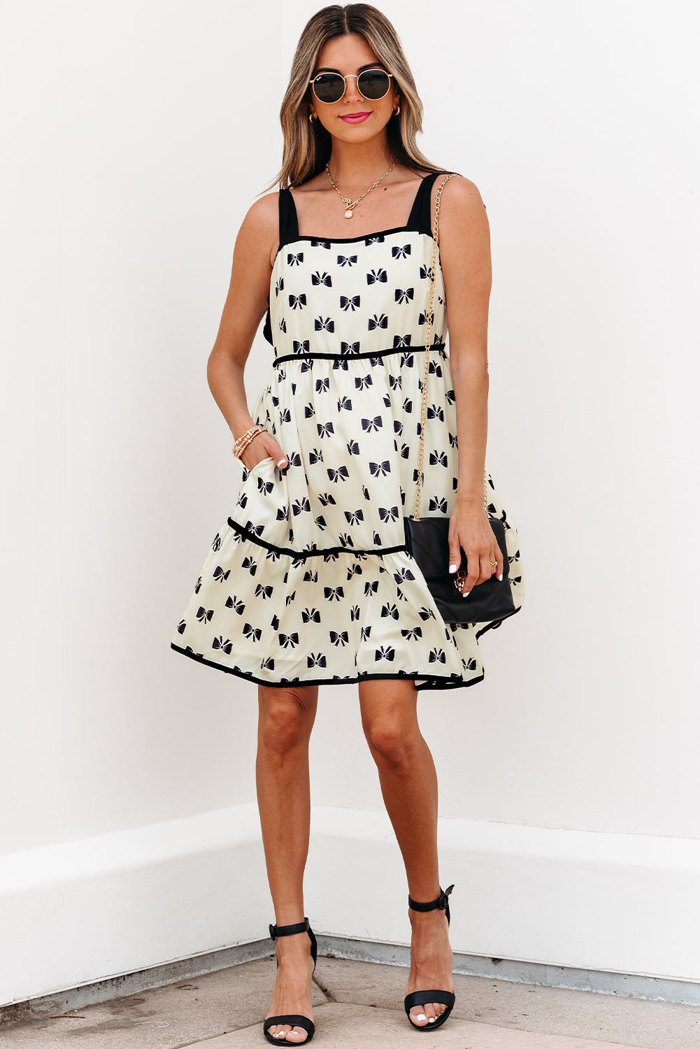Threaded Pear Pagie Bow Knot Shoulder Mini Dress