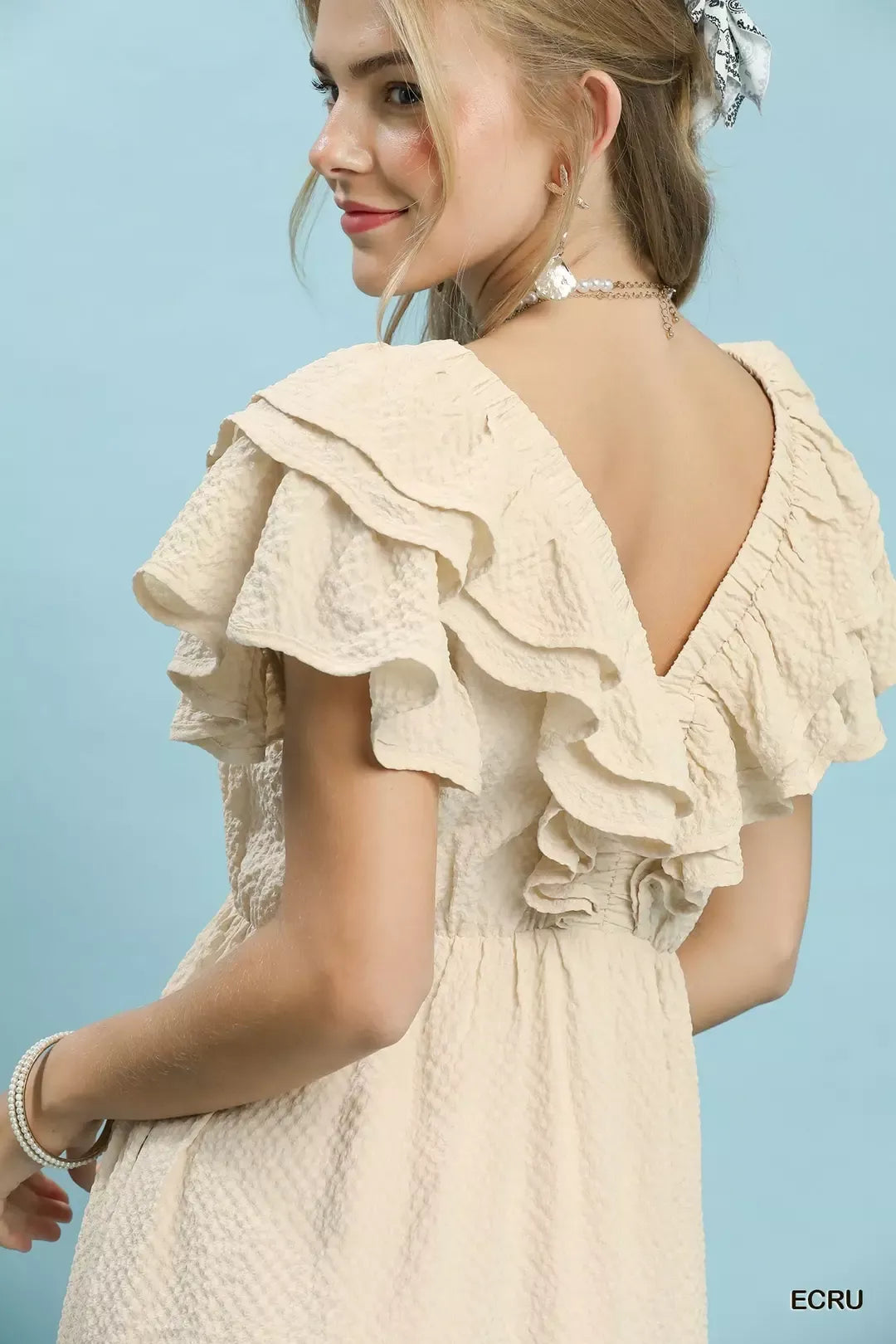 Umgee Textured Ruffle Midi Dress in Ecru
