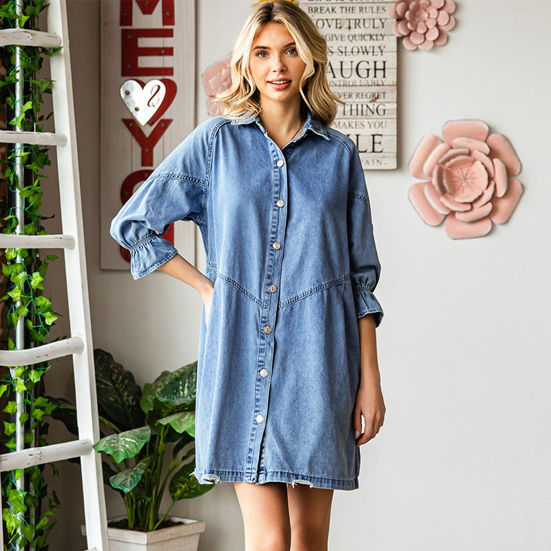 Women's Three-Quarter Sleeve Denim Dress – Ruffle Detail Mid-Length – Zulily