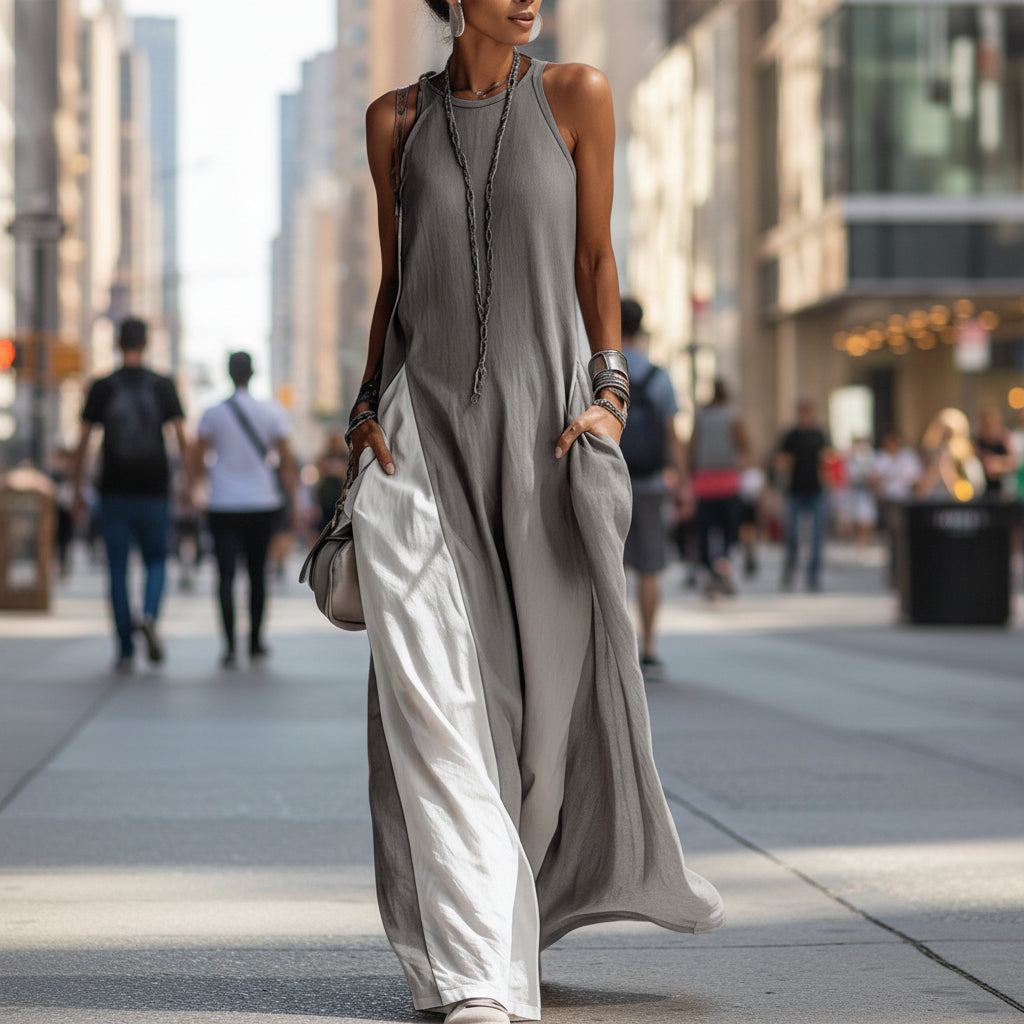 flared dress style Off-Shoulder Color-Block Flared Maxi Dress with Pockets