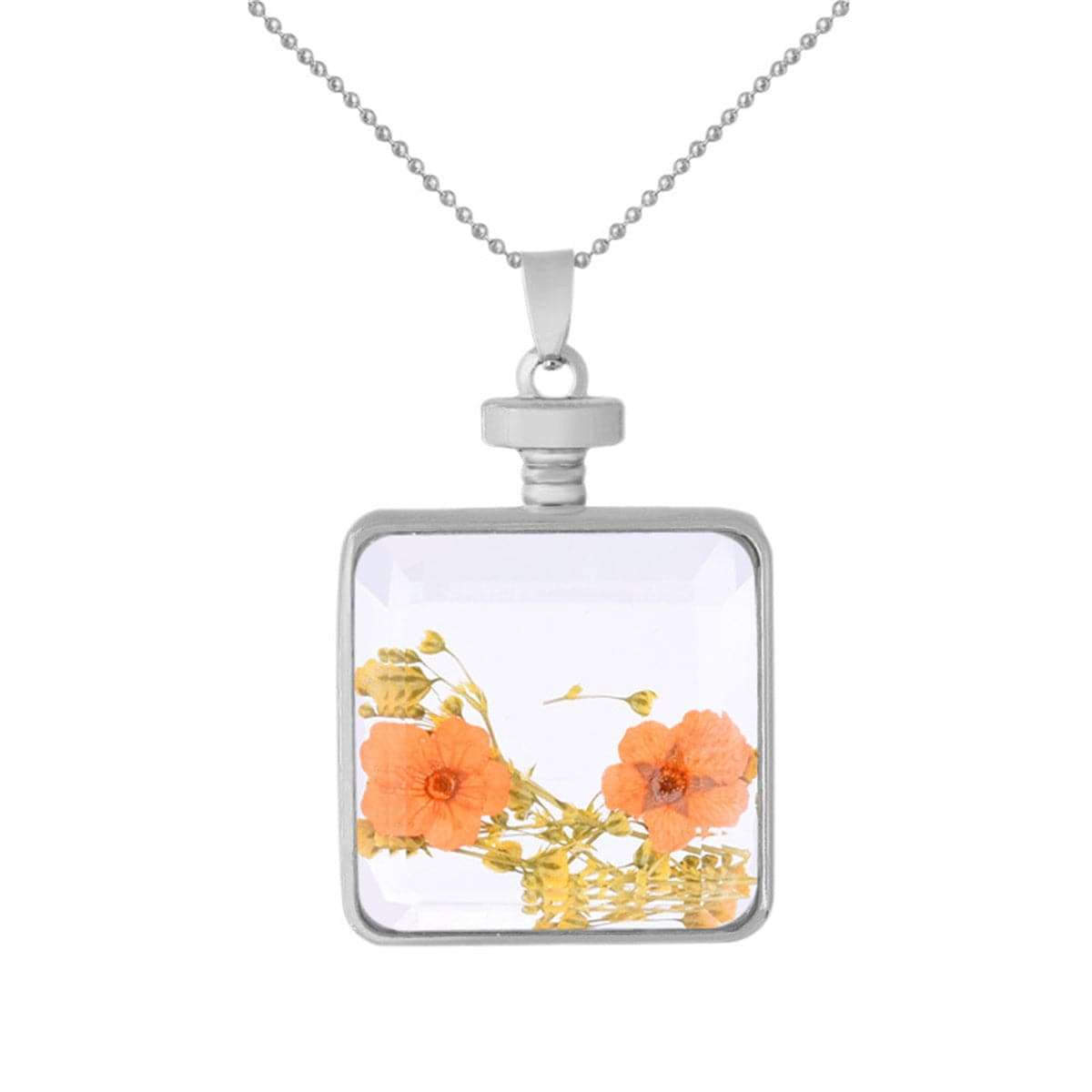 Yellow & Silvertone Pressed Flower Square Pendant Necklace