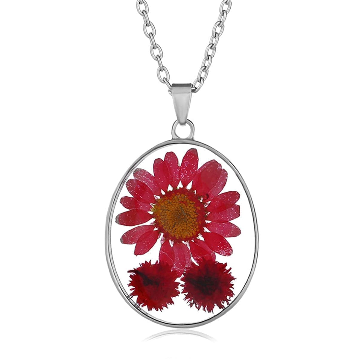Red Pressed Peach Blossom & Silvertone Oval Pendant Necklace