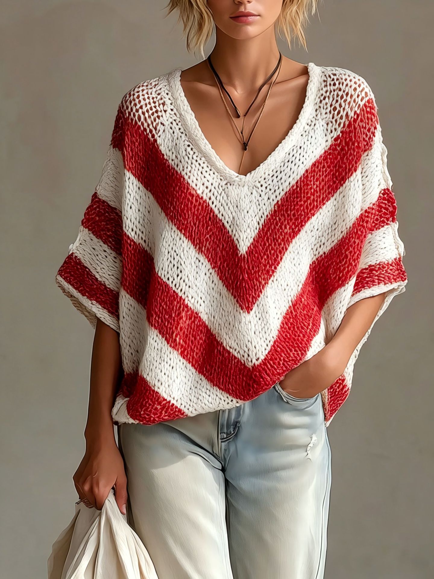 Women's V-Neck Knit Sweater – Loose Fit, Drop Shoulder, 3/4 Sleeve