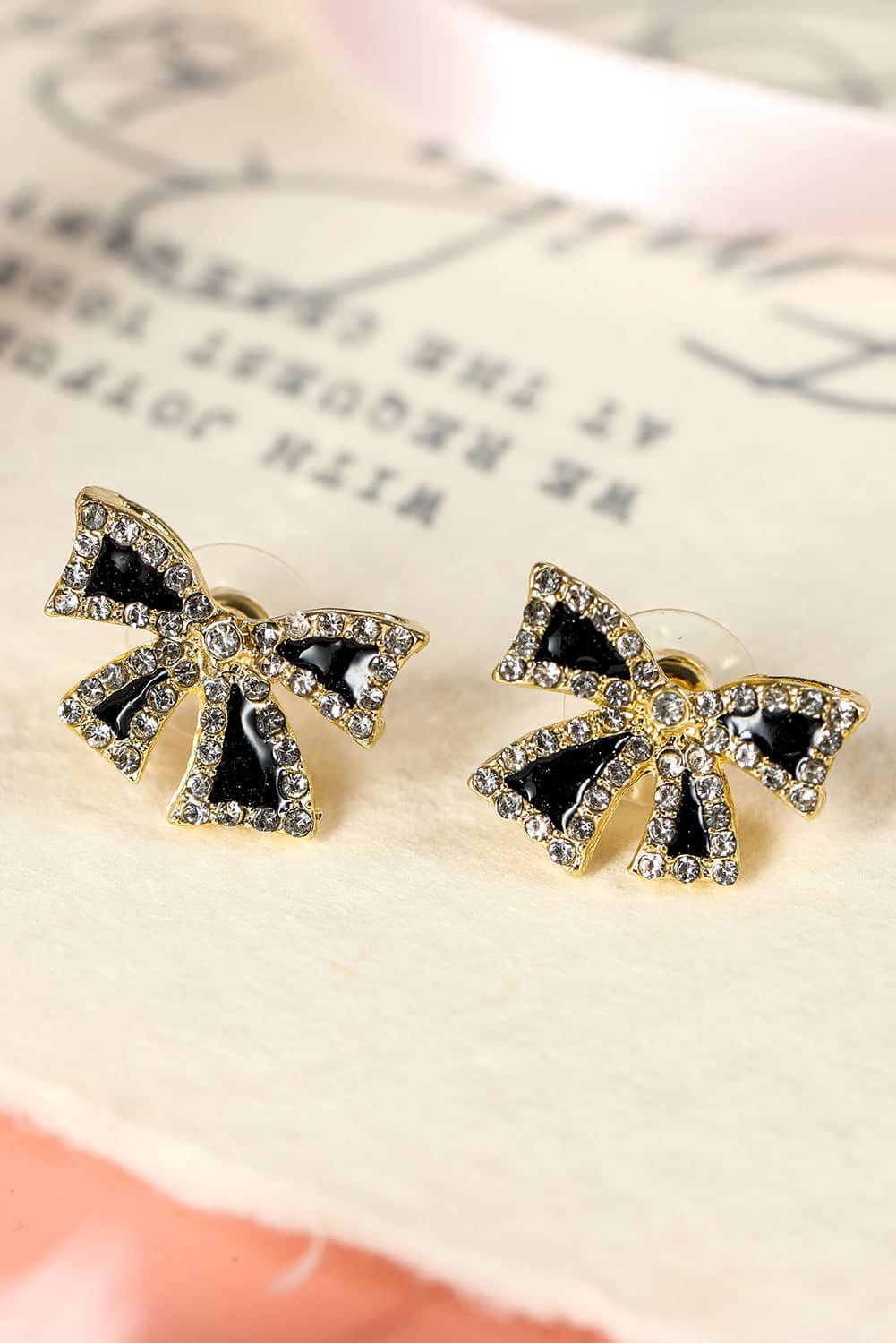 Threaded Pear Black Rhinestone Bow Knot Stud Earrings