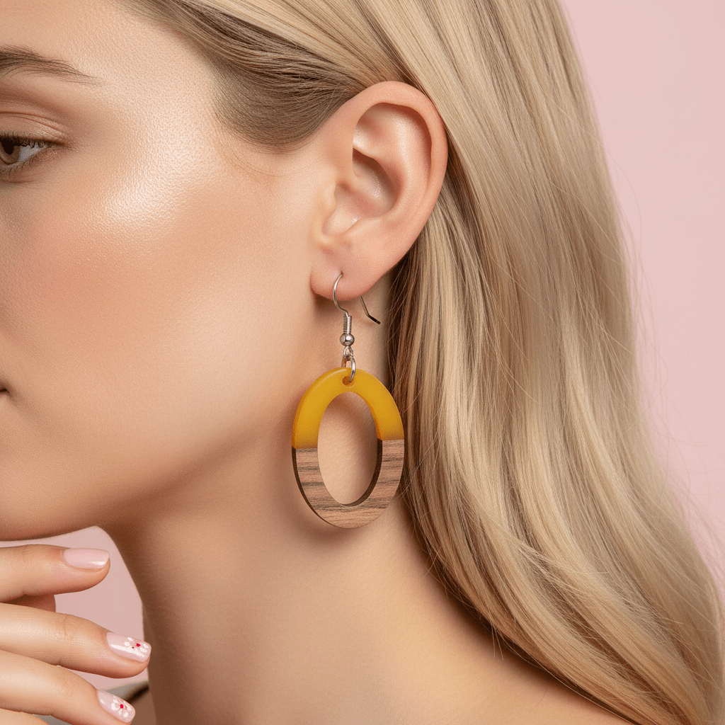 Yellow Resin & Wood Silvertone Open Oval Hook Earrings