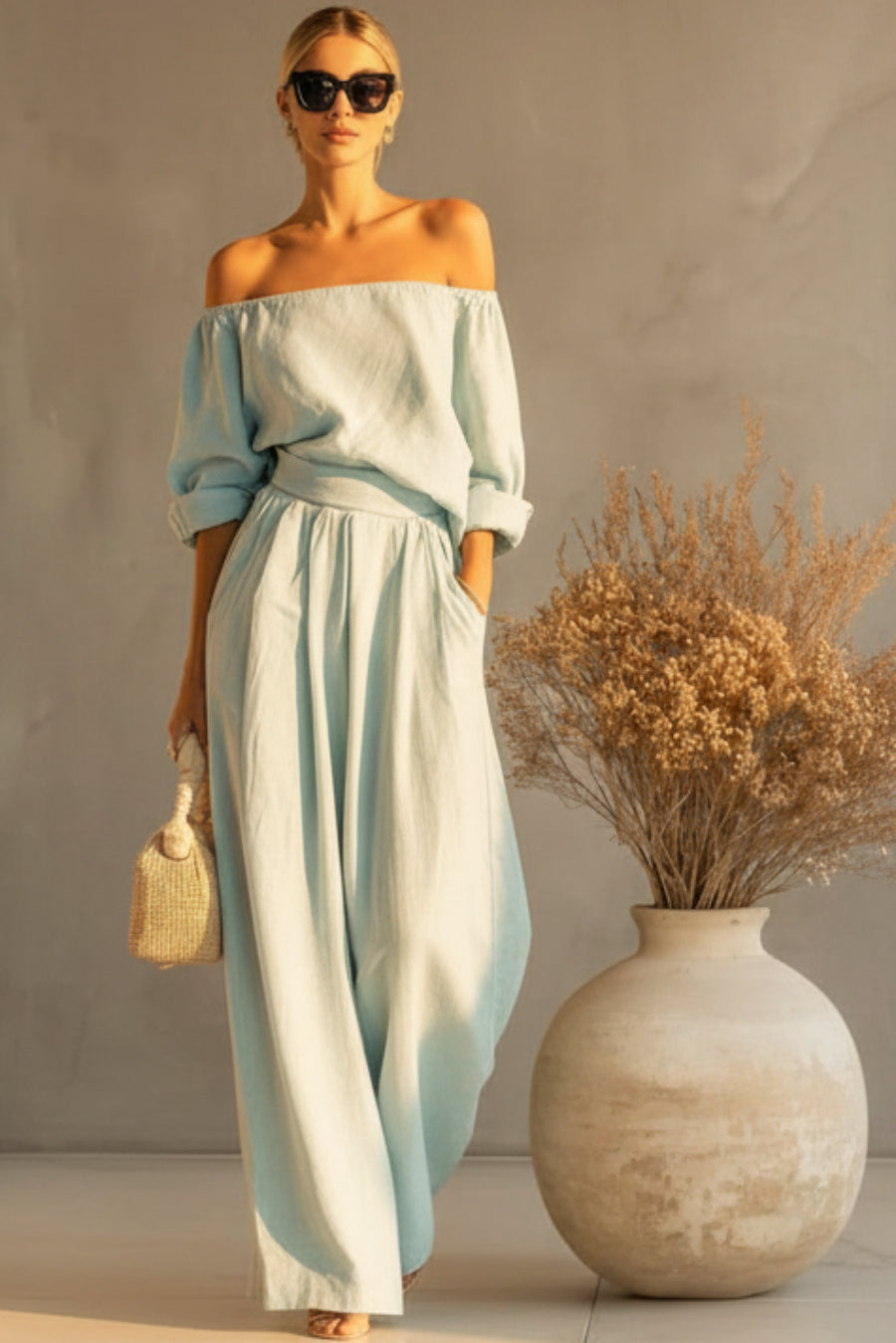 Women's Off-Shoulder Puff Sleeve Blouson Top & High-Rise Wide-Leg Pants Cotton-Linen Set
